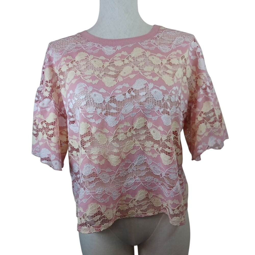 Zara Top Pink Lemonade Floral‎ Embroidered Lace Cropped Top Tee Womens Medium